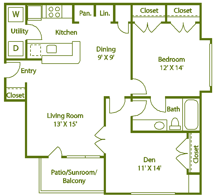 Floor plan for 1 bed, 1 bath, 900 sqft